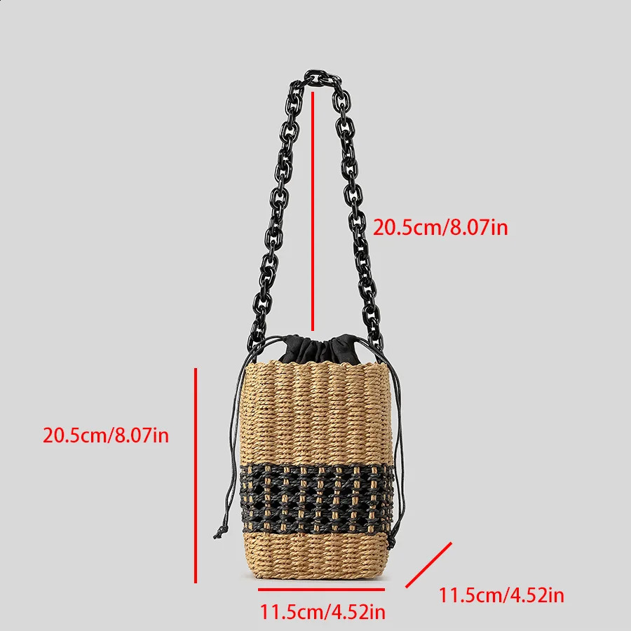 Fashion Acrylic Chains Straw Buckets Bag Woven Women Shoulder Bags Handmade Summer Beach Bag Trend Small Bali Purses 240812