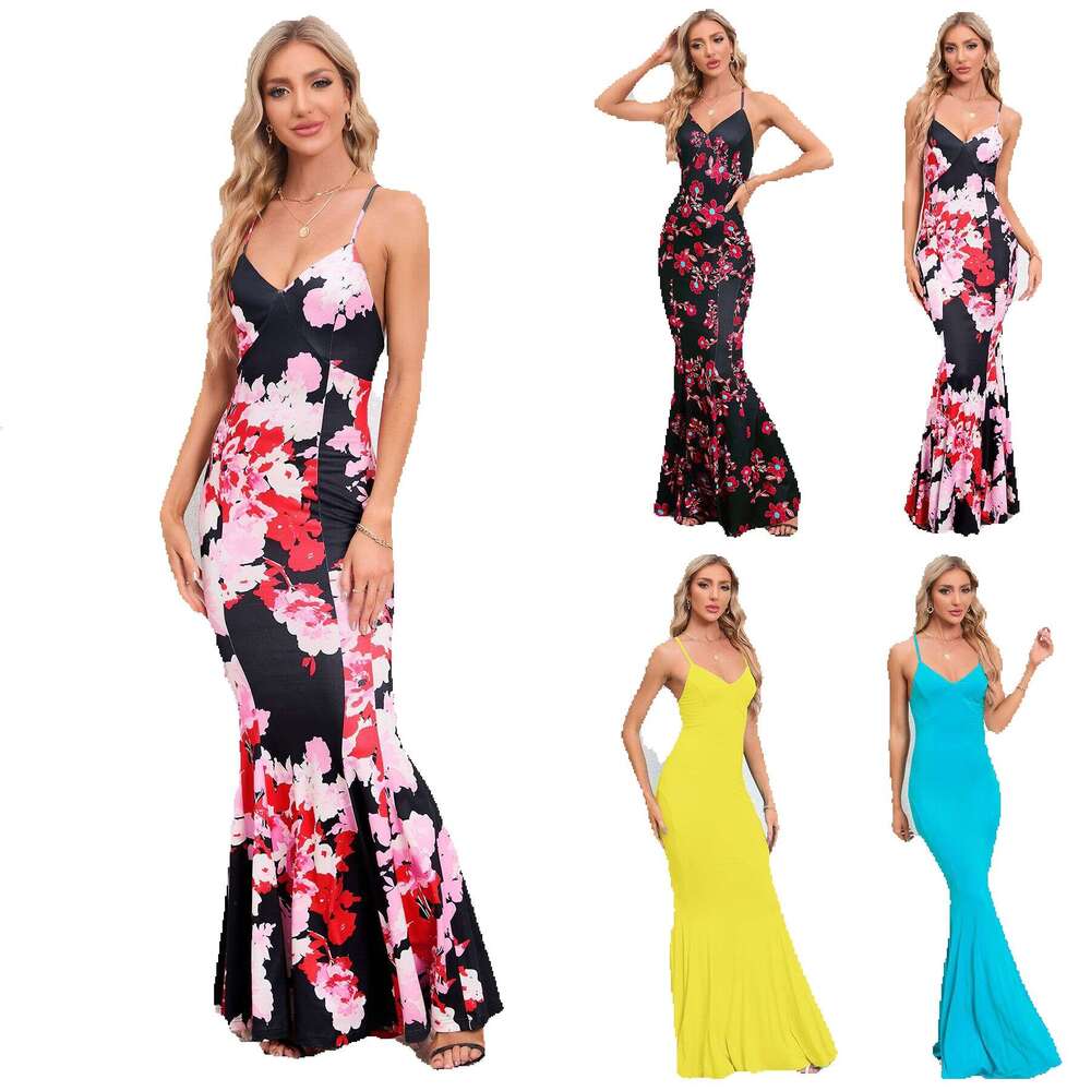 Sexy Slim Fit Camisole Fishtail Skirt Bohemian Floral Long Dress Temu Tiktok Womens Clothing Sexy Waist Novelty Self-cultivation Lace Dress Oversize D
