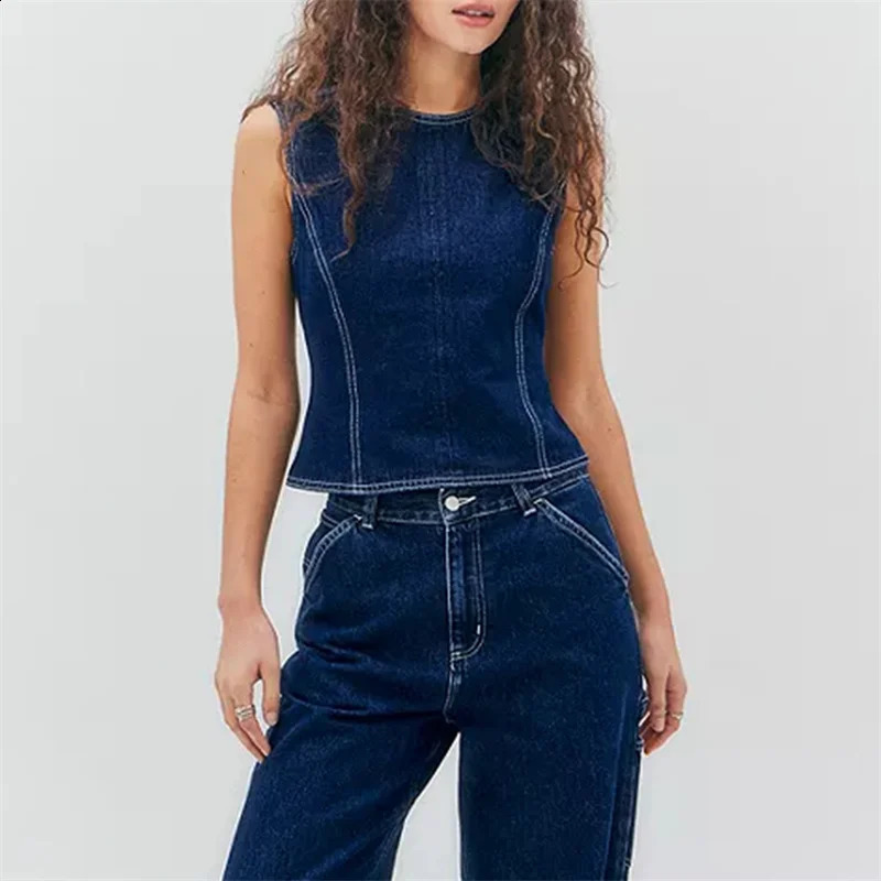 Lamuusaa Denim Tops for Women y2k Clothes Solid Color Round Neck Sleeveless Backless Jeans Vest Fashion Waistcoat Streetwear 240812
