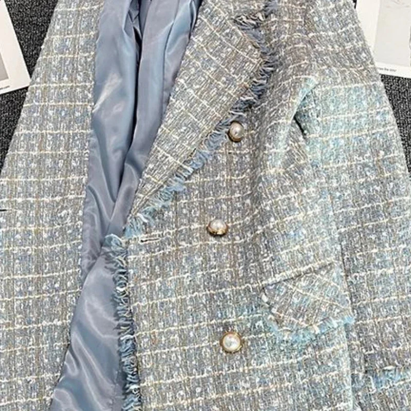 OCEANLOVE Double Breasted Blazer Women Spring Autumn Plaid Tweed Jackets Korean Fashion Vintage Elegant Blazer Mujer Outear 240812