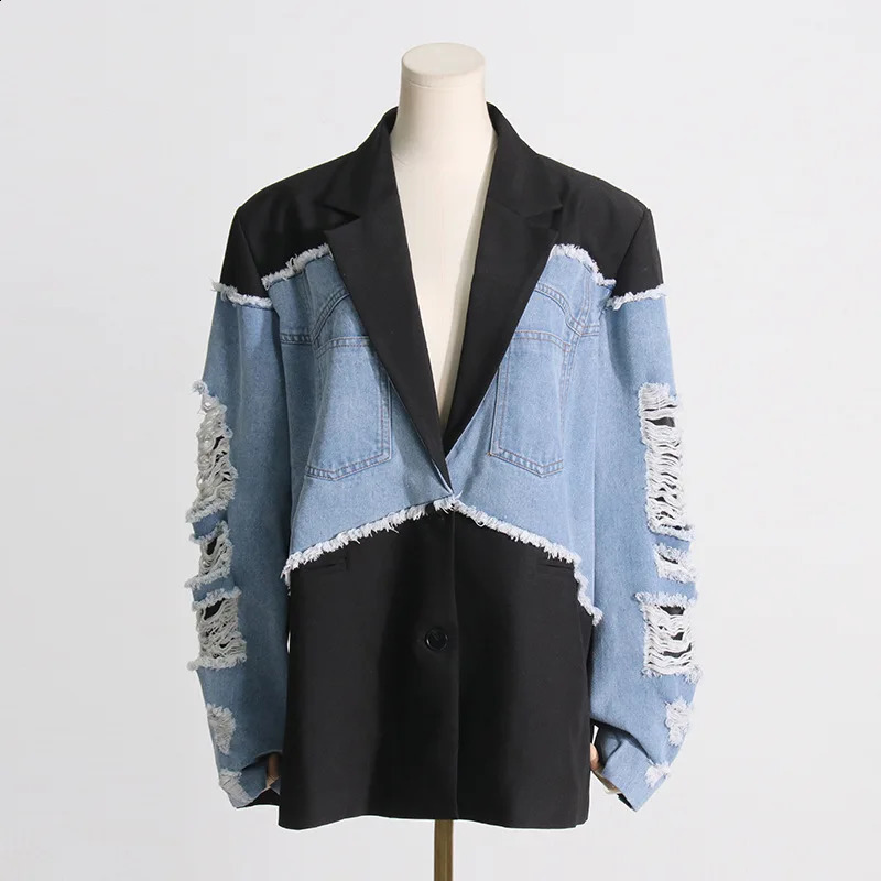 Patchwork Two Color Deinm Coat Checked Tweed Trending For Wholesale Boutique Style Women Cloth Long Sleeve Wear Jacket 240812