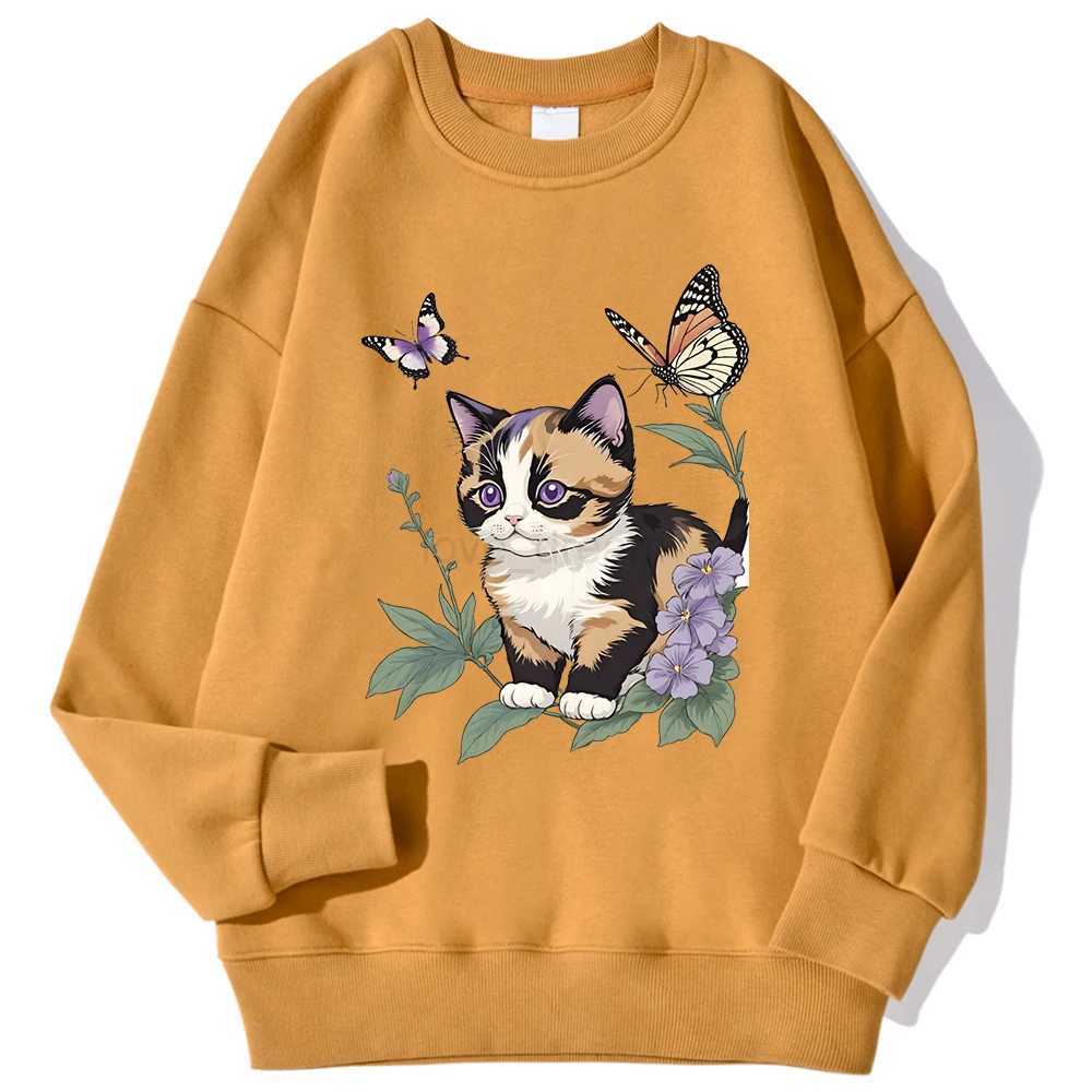 The Cat Is Catching Butterflies In The Flowers Hoodies MenFashion S-XXL Hoodie Casual High Quality Hoody Autumn Casual TopsXJ240812