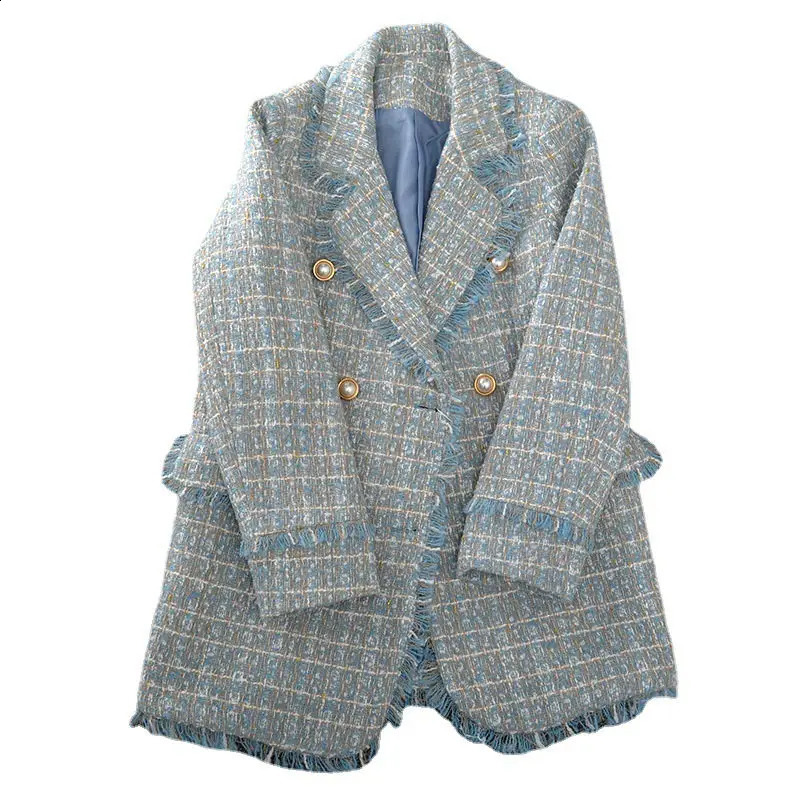 Large Size Womens Tweed Suit Spring Autumn Long Sleeve Vintage Double Breasted Tassel Loose Blazer Jacket Z888 240812
