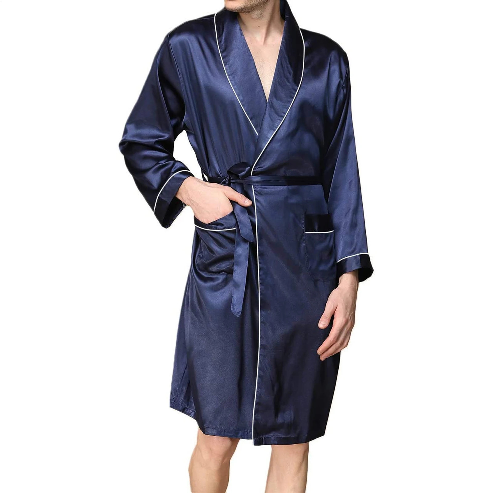 Men Satin Bathrobe with Belt Adults Contrast Color Long Sleeve V-neck Night Robe with Pockets SMLXL 240812
