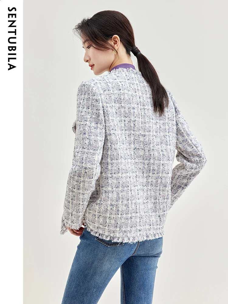 SENTUBILA Winter Tassel Trim Tweed Jackets for Women Elegant Outerwear Purple Plaid Straight-cut Long Sleeve Coats 133W519 240812
