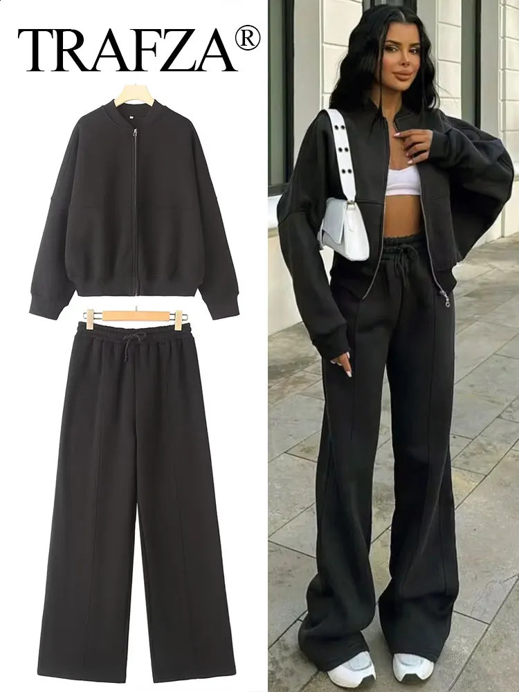 TRAFZA 2024 Woman Solid Trousers Set Long Sleeves Zipper Coat Top Elastic Waist Lace Up Wild Commute Female Wide Leg Pant y240829