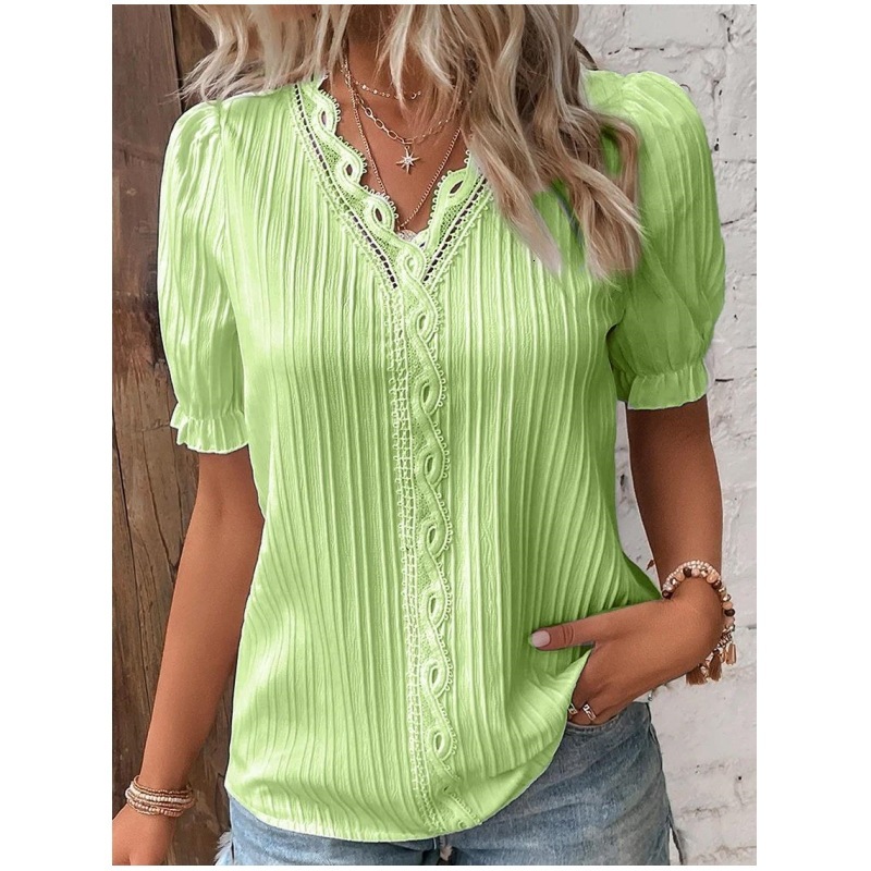 Elegant Blouse Solid Shirt Lace 2024 Summer Fashion Hollow