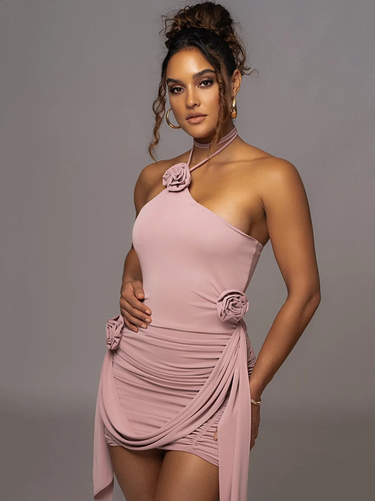 Mozision Halter Flower Sexy Mini Dress For Women Strapless Backless Irregular Dress Femme Ruched Skinny Club Party Dress Ladies 240812