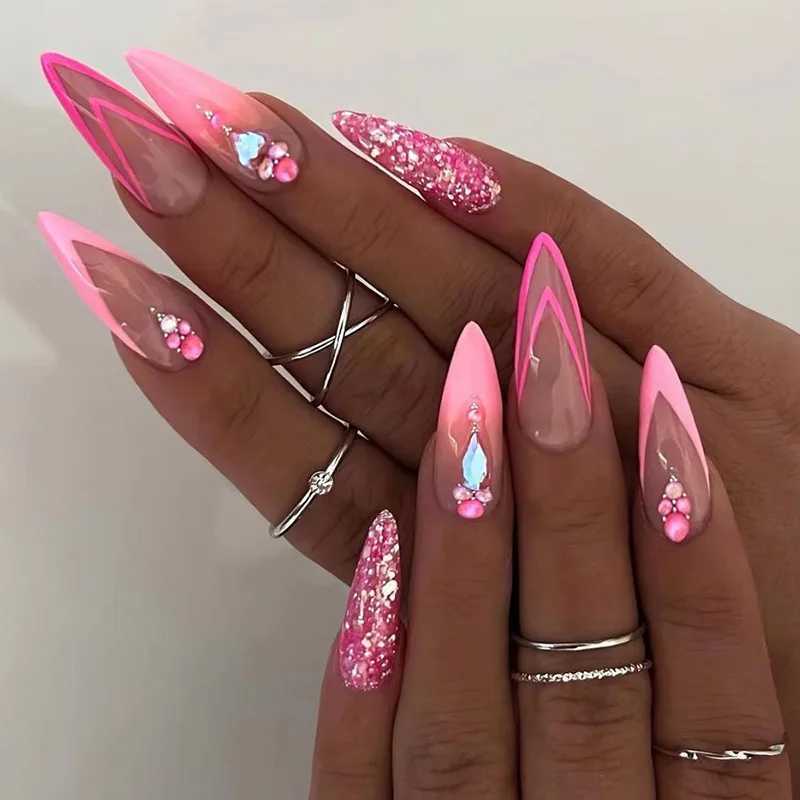 24pcs gradient pink fake nails long almond fake nails pearl sparkling design wearable handmade nail tip pressXJ250327