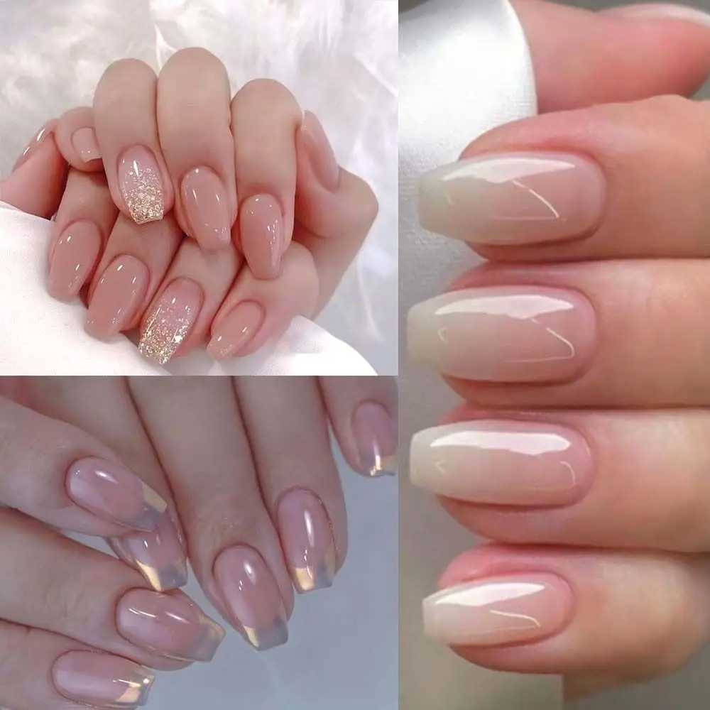 24 pieces of long ballet dancer fake nails French glitter gold pink aurora fake nails fully covered press DIY detachable nails W240810