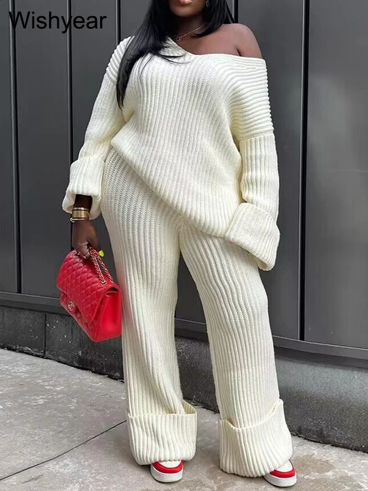 Sexy V Neck Off Shoulder Long Sleeve Sweatshirts Top Wide Leg Pants Knitted Two Piece Set Women Birthday Matching Loose Suits 240810