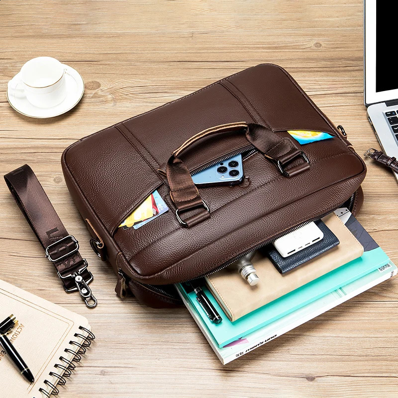 Cowboy leather mens briefcase large capacity 15 inch computer bag business single shoulder carrying 240810