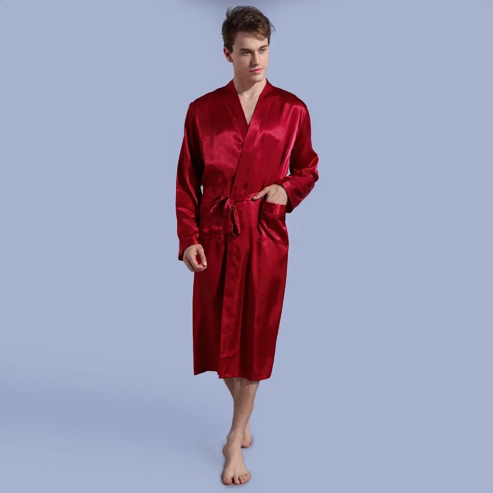 Burgundy Size S - XXL Chinese Mens Rayon Satin Casual Nightwear Robe Gown Solid Color Kimono Bathrobe Sleepwear Pajamas 240812