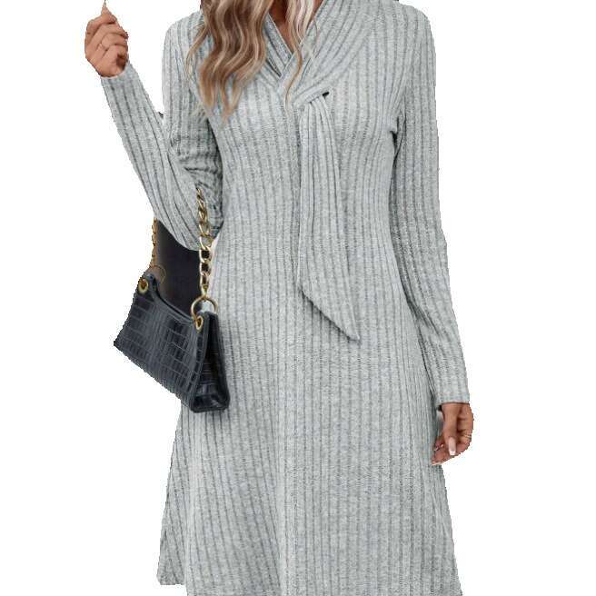 Womens Tiktok2024 Temperament Casual Solid Color Knitted Long Sleeved Dress Polka Point Chiffon Long Sleeve Dress Sexy Dress Temperament Novelty Silk 
