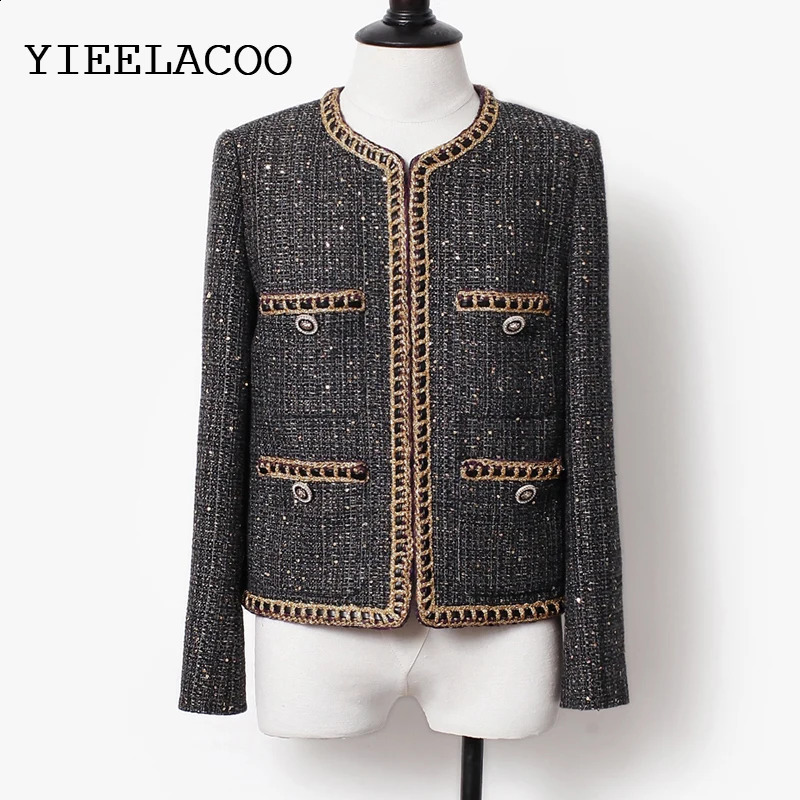 Brown Tweed Outerwear Spring /Autumn / Winter Coat Temperament One Piece Round Neck Casual Womens Jacket 240812