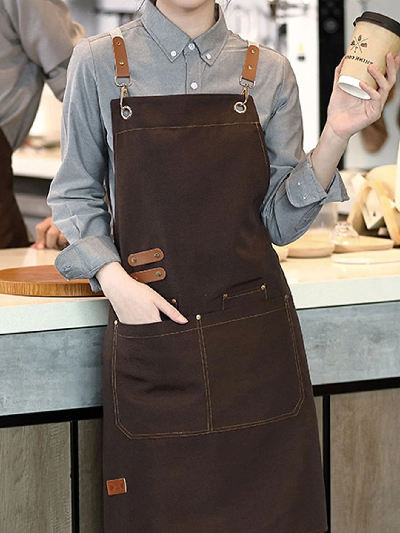 Waterproof and oilproof household kitchen for men women fashion bib work clothes resistant to dirt apron coffee color 240810