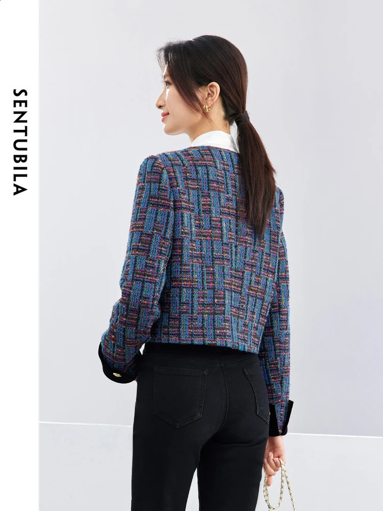 SENTUBILA Vintage Contrast Cropped Tweed Jacket Women Spring Fashion Ladies Contrast Round Neck Short Coat Woman 141W53206 240812