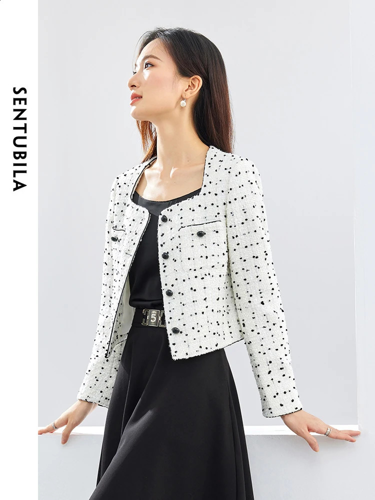 SENTUBILA Black Dot Cropped Tweed Jacket Women Spring Autumn Outerwear Elegant Long Sleeve Square Collar Coat 141W52942 240812