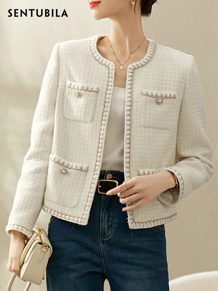 SENTUBILA Elegant Cropped Tweed Jacket Women Spring Fashion Straight-cut Short Coats for Woman Female Outerwear 123W44147 240812