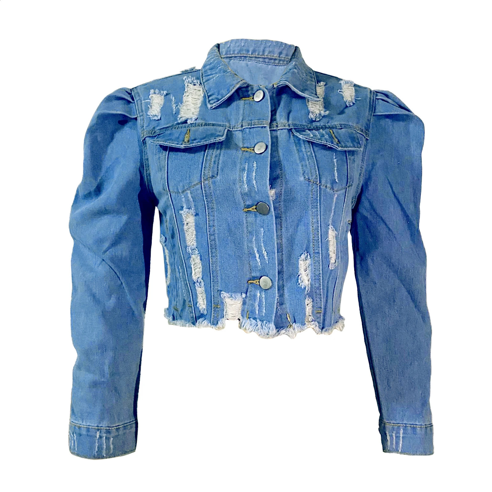 Y2k Womens Ripped Denim Jacket Casual Long Puff Sleeve Button Down Cropped Jean Coats for Fall 240812 - view 6