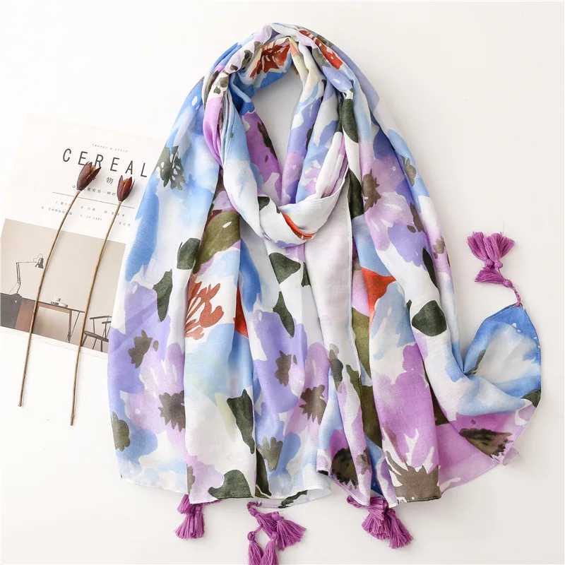 2023 Luxury Brand Ink Painting Flower tassel Adhesive Shawl Scarf Womens High Quality Pashmina Headscarf and Wrap Foulard Muslim Sjaal W240810