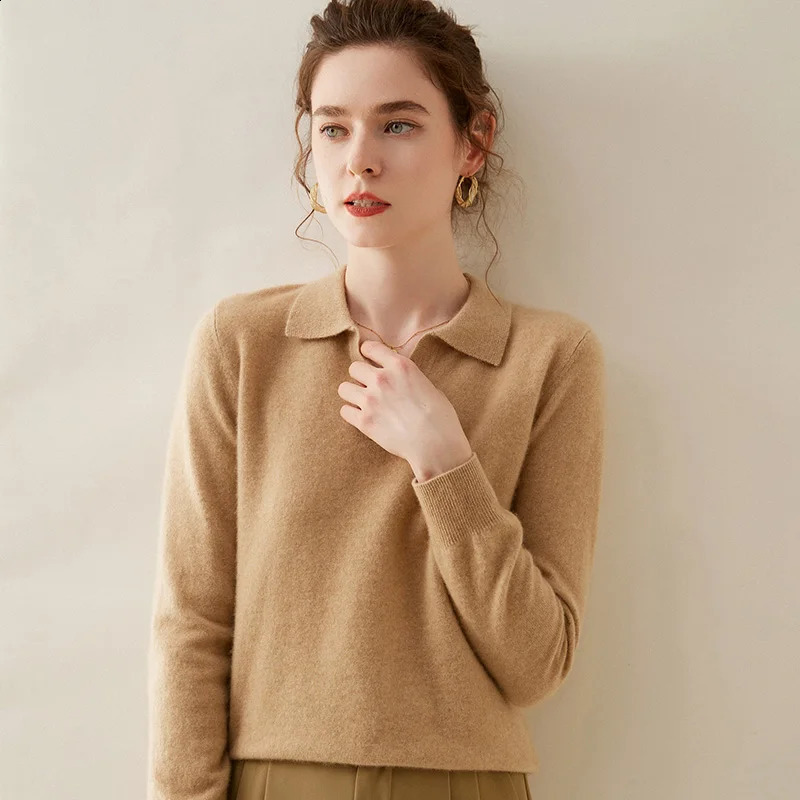 Winter Pure Cashmere Knitted Pullover V-Neck Long Sleeve Cashmere Womens POLO Neck Sweater Top Womens Style 240812