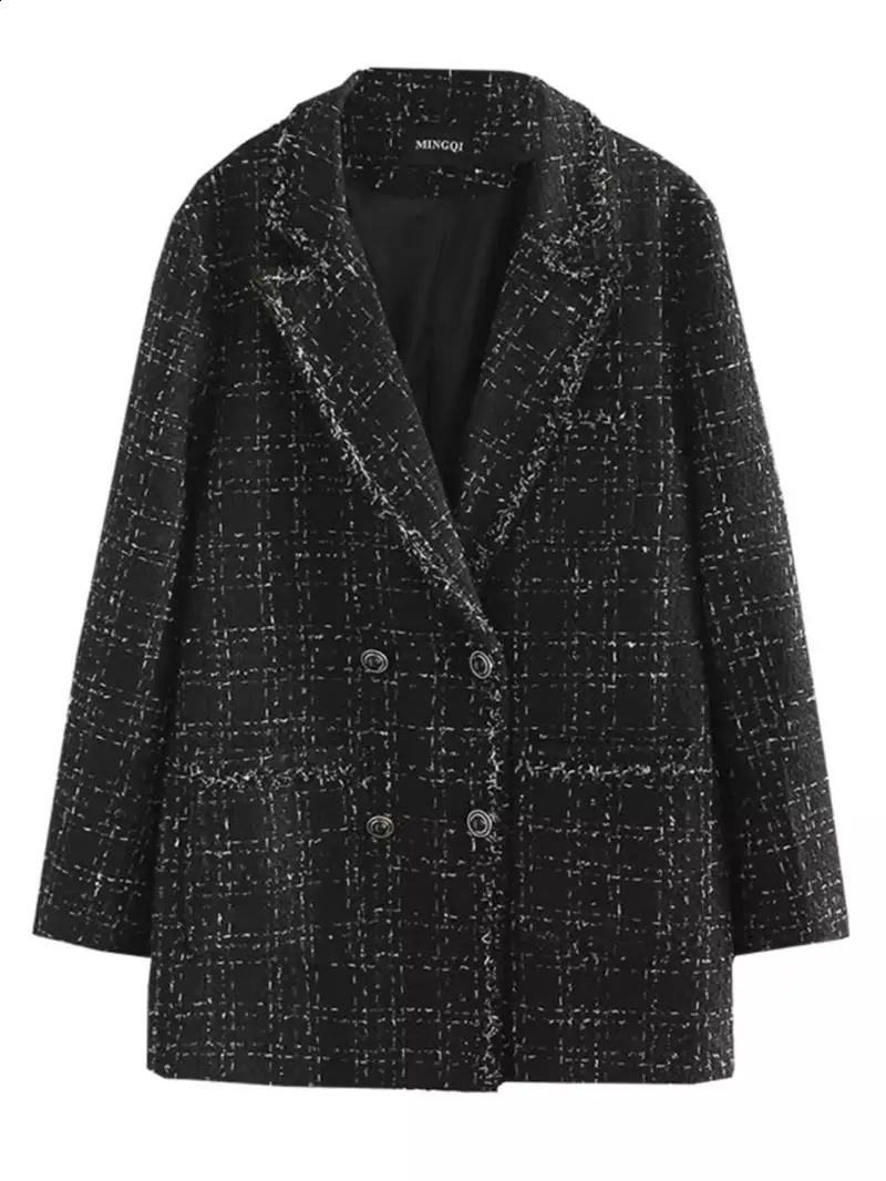 Spring Autumn Korean Tweed Blazer Spring Autumn Oversized Womens Casual Jacket Retro Double Breasted Suit Coat K305 240812