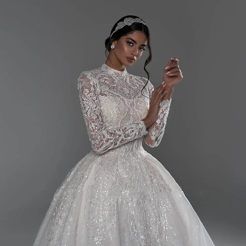 A-e Women Wedding High Neck Long Sleeves Bridal Gowns Lace Appliques Detachable Train Dress Custom Made vestidos de novia