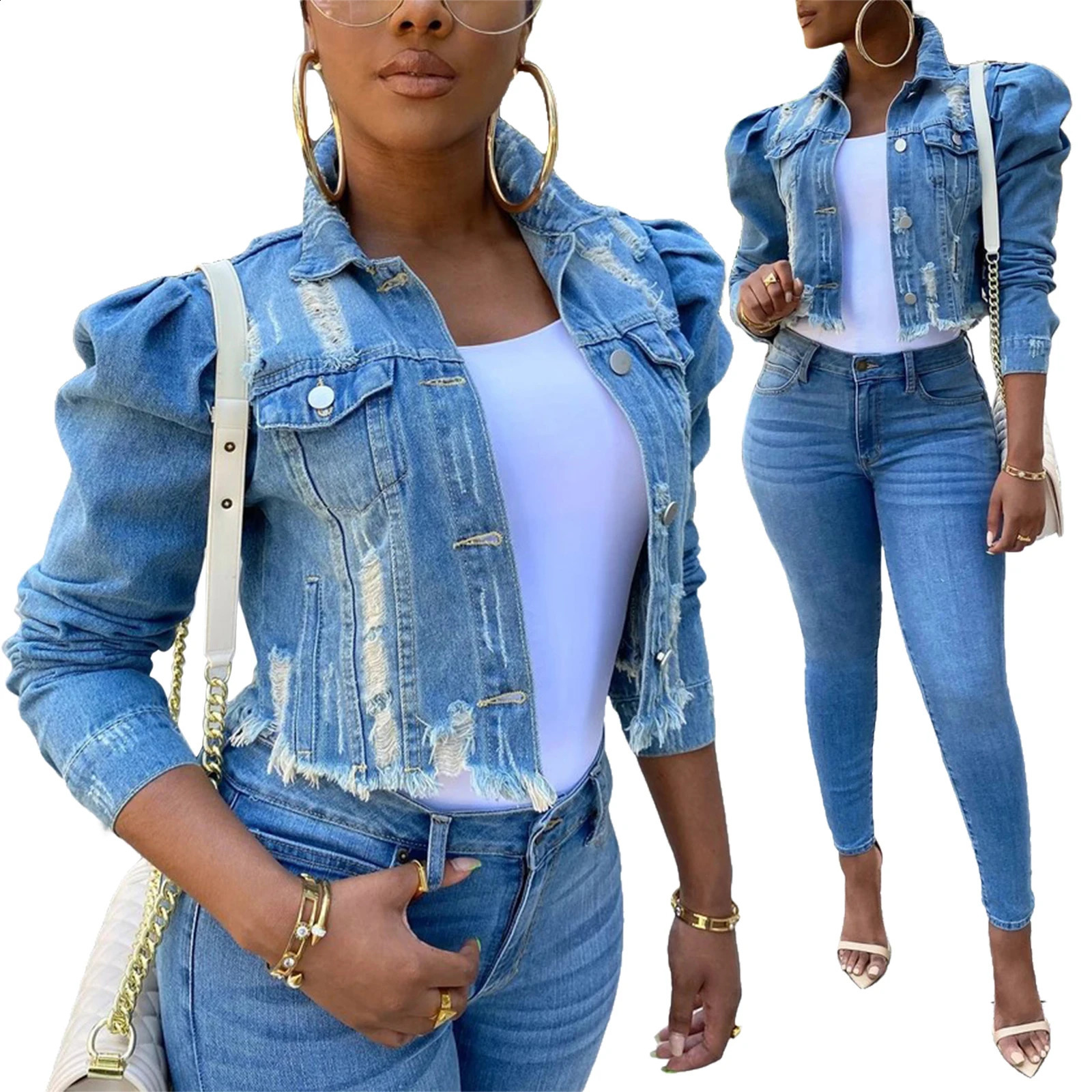Y2k Womens Ripped Denim Jacket Casual Long Puff Sleeve Button Down Cropped Jean Coats for Fall 240812 - view 3