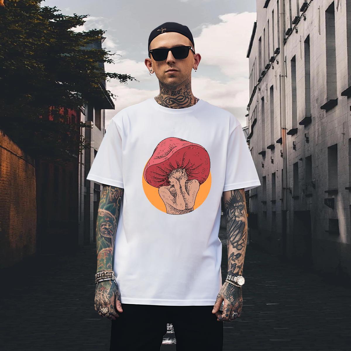 Free Shipping Men Tshirts Beach 100% Cotton 230g DIY Anime Pure Cotton mushroom T-Shirts for Men Brand Polos