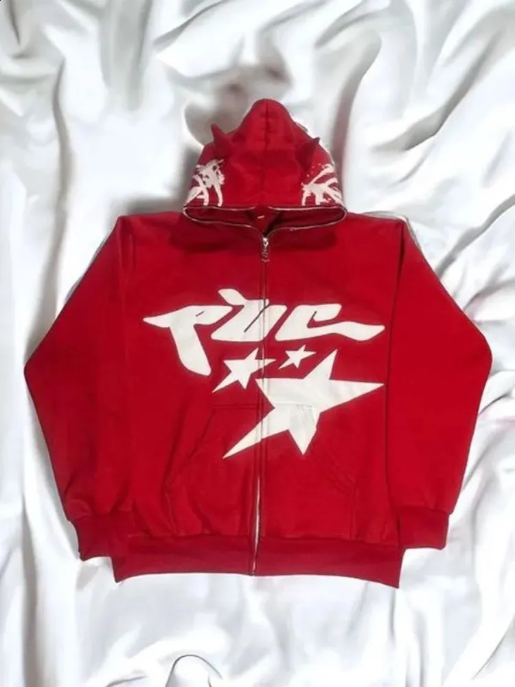 Y2K Clothes Grunge Hoodie Full Zip hip hop Star Graphic Sport Horn Coat Long Sleeve Oversized hoodie Harajuku Streetwear 240809