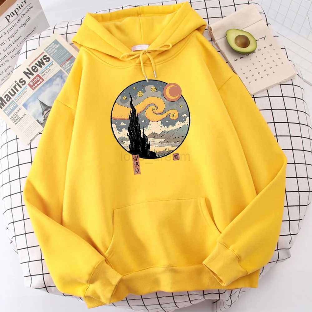Starry Ukiyo-E Night Printing Hoodie Men Fashion Comfortable Hoody Autumn Fleece Sweatshirt Casual Warm Pullover TopsXJ240812