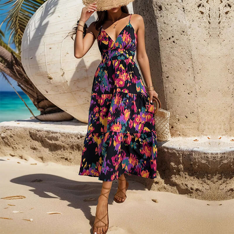 Solid 2024 Summer New Tiktok Skirt Print A-line Long Split Hanging Strap Open Back Dress Chiffon Floral Dress Self-cultivation Short Waist SKINNY DRES