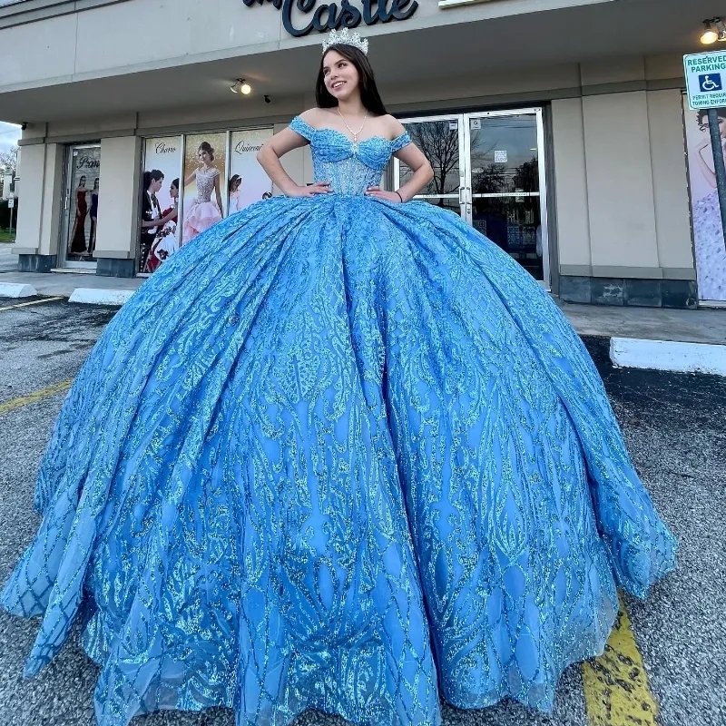 Mexico Shiny Off The Shoulder Quinceanera Dress Gown For Girls Beaded Crystal Birthday Party Gowns Bow Robe 15 De Ball