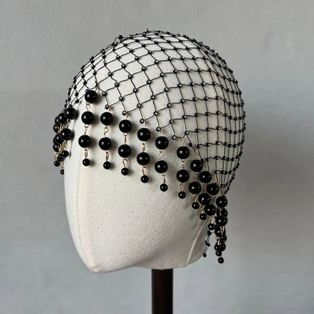 Stonefans Wedding Pearl Tassel Hair Accessories Wedding Hairband Handmade Hollowed Mesh Headpiece Head Chain Head Cap Gifts 240805