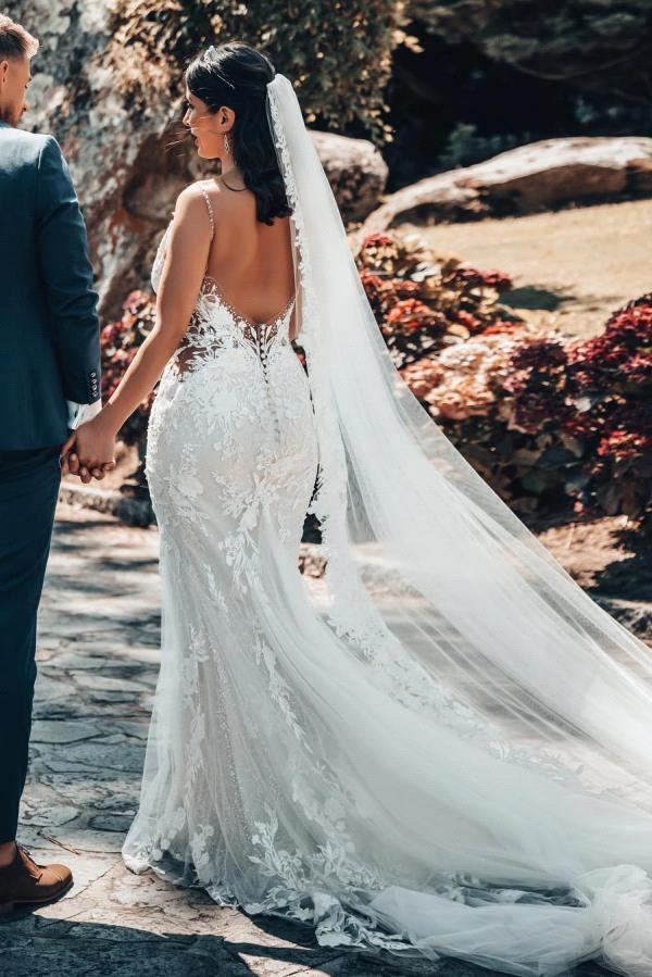 Tulle Modern Mermaid Spaghetti Lace Applique Beach Bridal Gowns Sweep Train Custom Wedding Dresses Bc