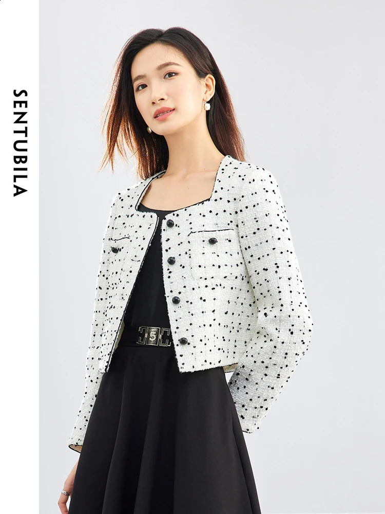SENTUBILA Black Dot Cropped Tweed Jacket Women Spring Autumn Outerwear Elegant Long Sleeve Square Collar Coat 141W52942 240812