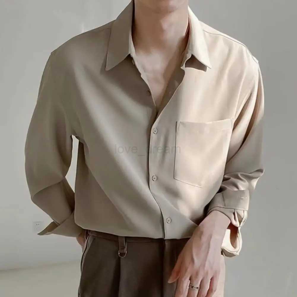 Casual Men Lapel Long Sleeve Single-breasted Patch Pocket Draped Men Shirt Slim Fit Solid Color Business Dress Shirt TopXJ240812