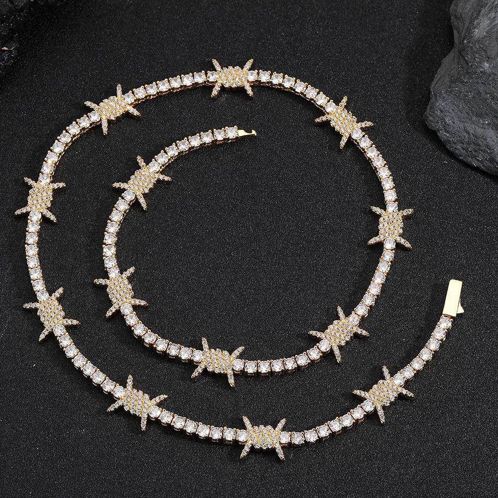 Hip Hop Thorn Tennis Chain 5A Zircon Necklace 18K Real Gold Plated Mens Spring Buckle Jewelry