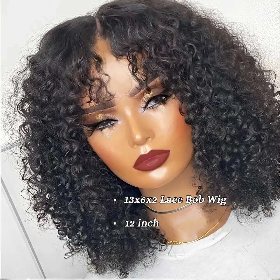 Deep Curly Bob Natural Black Color Brazilian HD Front Part 13X6 Transparent T Lace Highlight Hair Wigs