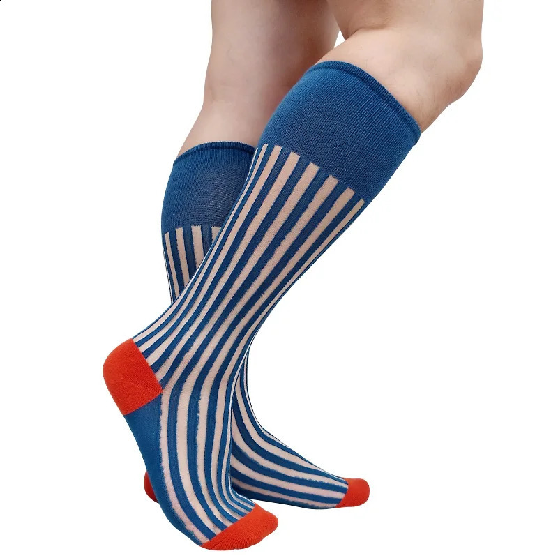 See Through Striped Mens Formal Socks Over the Calf Dress Suit Male Sexy Stocking Lingerie Business Long Tube Hose Softy Funny 240812