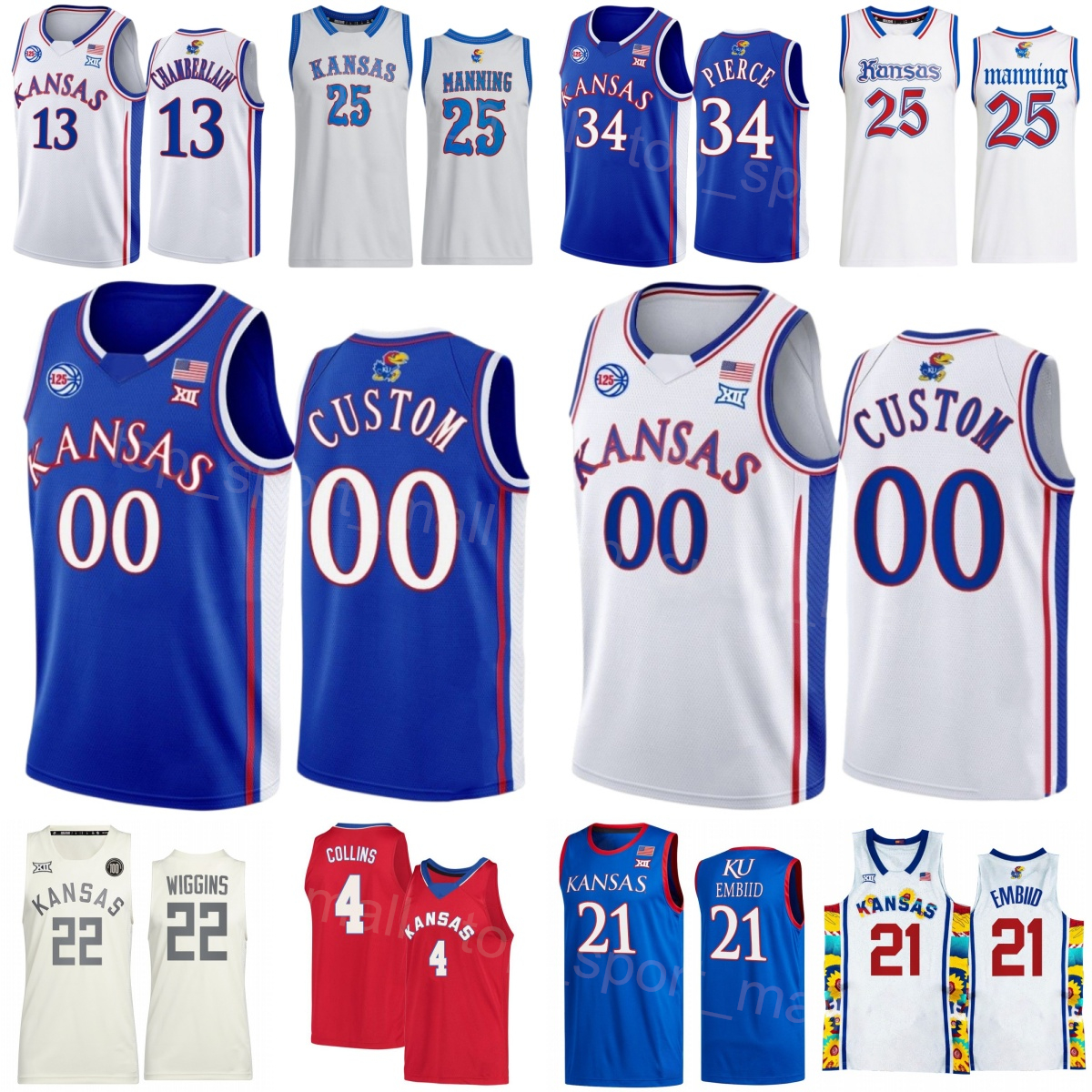 Printed Basketball College Kansas Jayhawks 4 Sherron Collins Jerseys University 25 Danny Manning Wilt Chamberlain 13 Paul Pierce 34 Andrew Wiggins 22 Joel Embiid