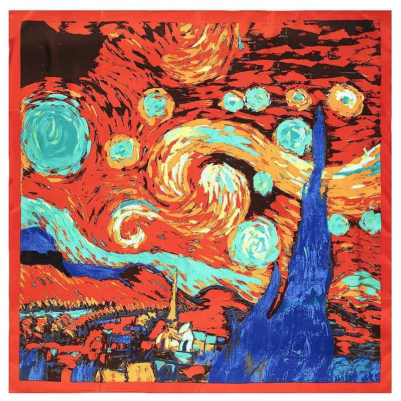 130cm New Van Gogh Starry Sky Oil Painting 2021 Brand Scarf Twill Silk Square Scarf Womens Kerchief Shawl W240810