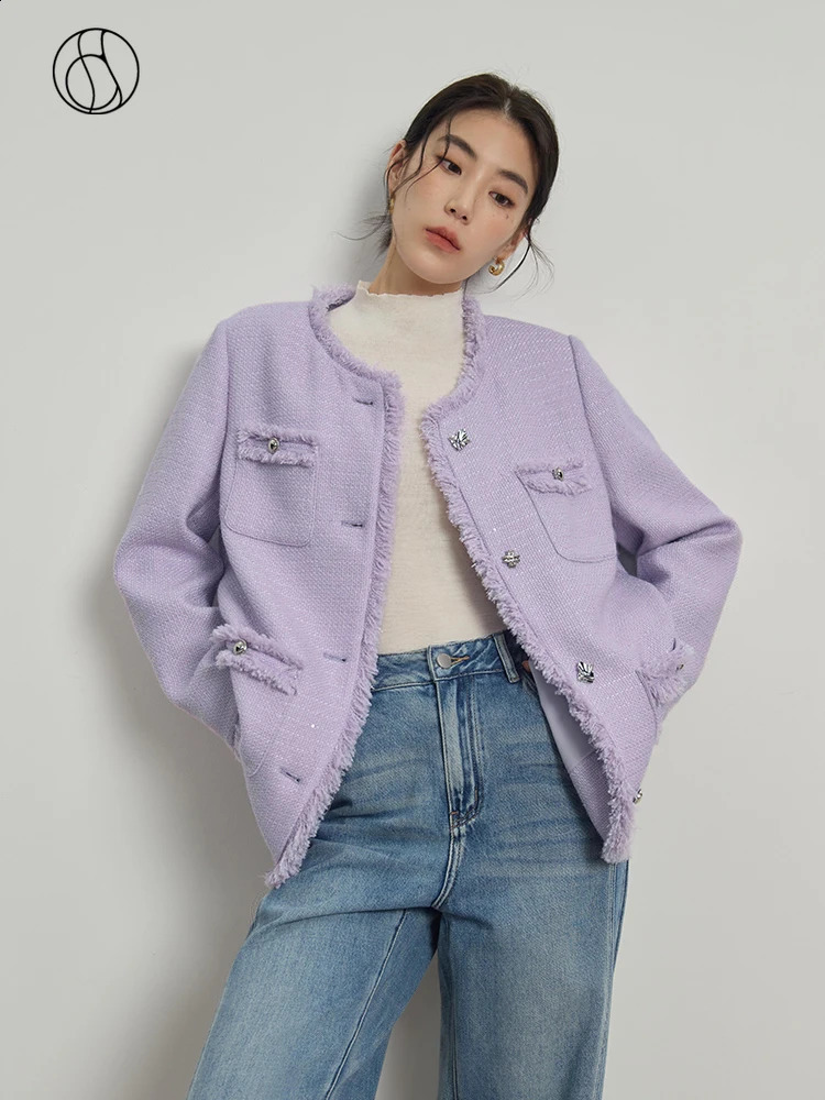 DUSHU 24.9% Wool Women Purple Tweed Jackets Round Neck Single Brested Loose Autumn Coat Fringed Raw Edge Women Mid-Length Jacket 240812