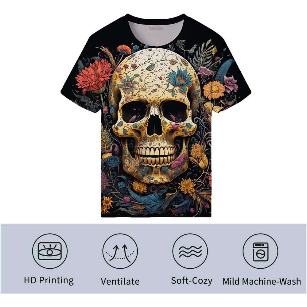 Halloween Mens T shirt Skull Graphic T-Shirts for Men Novelty 3D Flower Print Shirts Summer Fashion shirts tshirt graphic tee Casual tops summer cloth