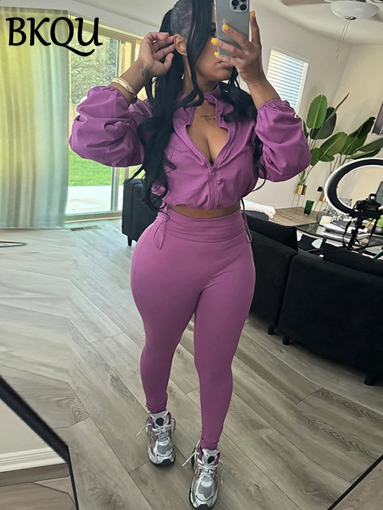 BKQU Solid Tracksuit Casual 2 Piece Sets Women Long Sleeve Drawstring Zipper Coats Skinny Pants Daily Street Outfits Autumn 240812