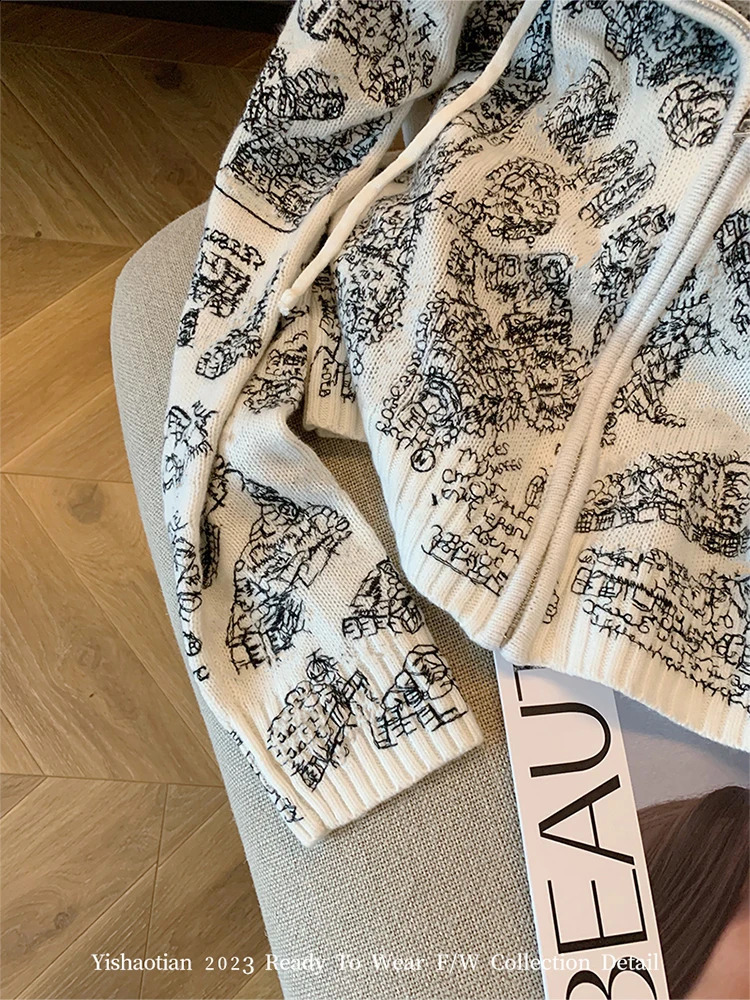 American Vintage Knitwear Hooded Cardigan Embroidery Print Women Loose Sweater Autumn Winter Y2k Streetwear Preppy Style 240812