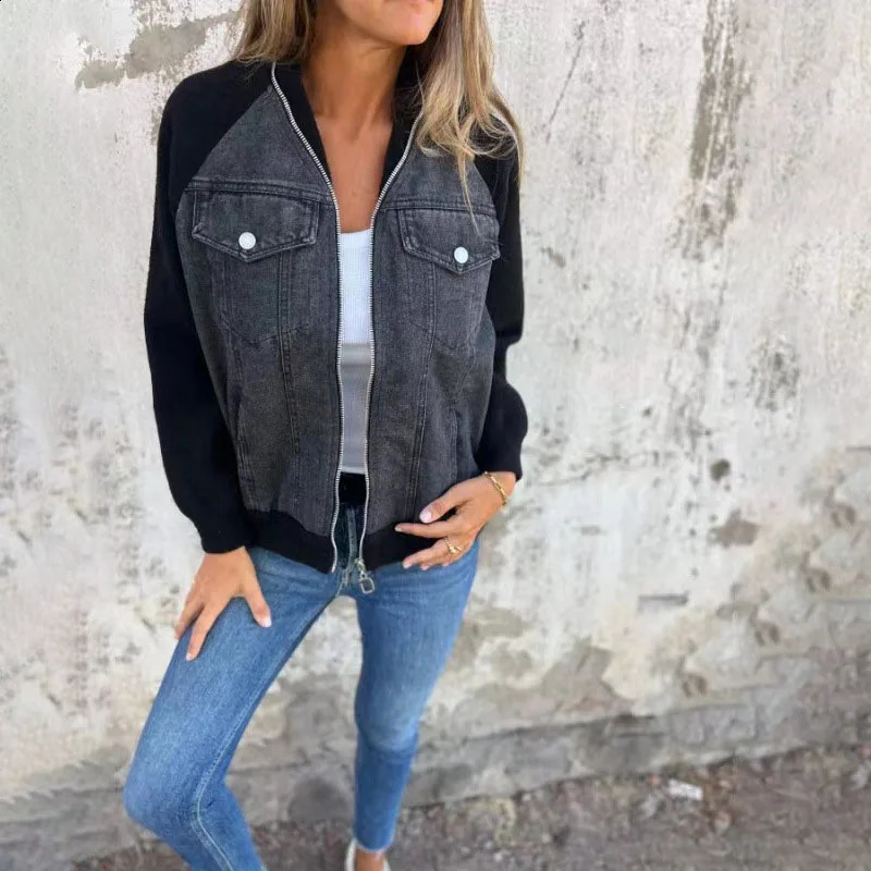 Fashionable street zipper womens jacket casual long sleeved lapel pocket autumn denim patchwork 240808