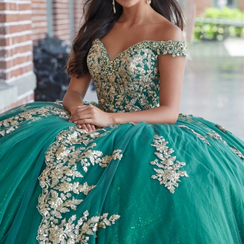 Green Shiny Quinceanera Dress Ball Gown Off The Shoulder Gold Lace Applique Beading Tull Birthday Party Sweet 16 Vestidos De 15 Anos