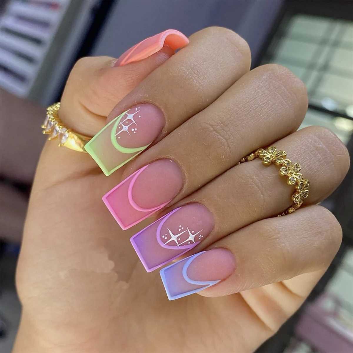 24 pieces of paraffin nail shapes multi-color French pattern fake nails+1 jelly glue+1 random color nail files W240810